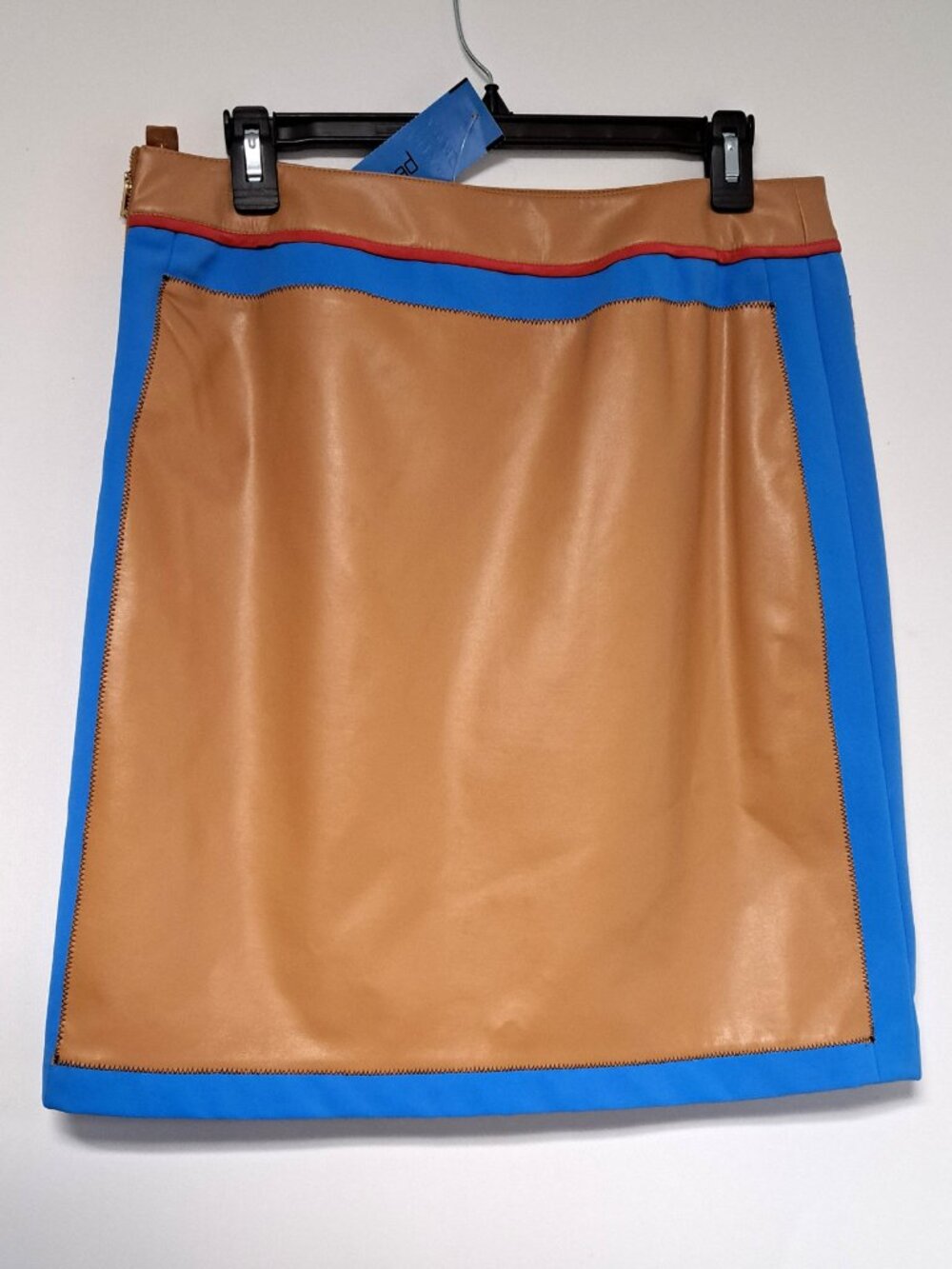 VEGAN TAN LEATHER PER SE LADIES MINI SKIRT W BLUE TRIM SIZE 4 NWT LINED INSIDE